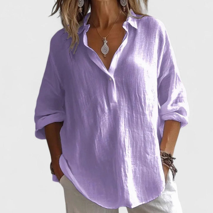 Women's Relaxed-Fit V-Neck Long-Sleeve Elegant Blouse - Purple