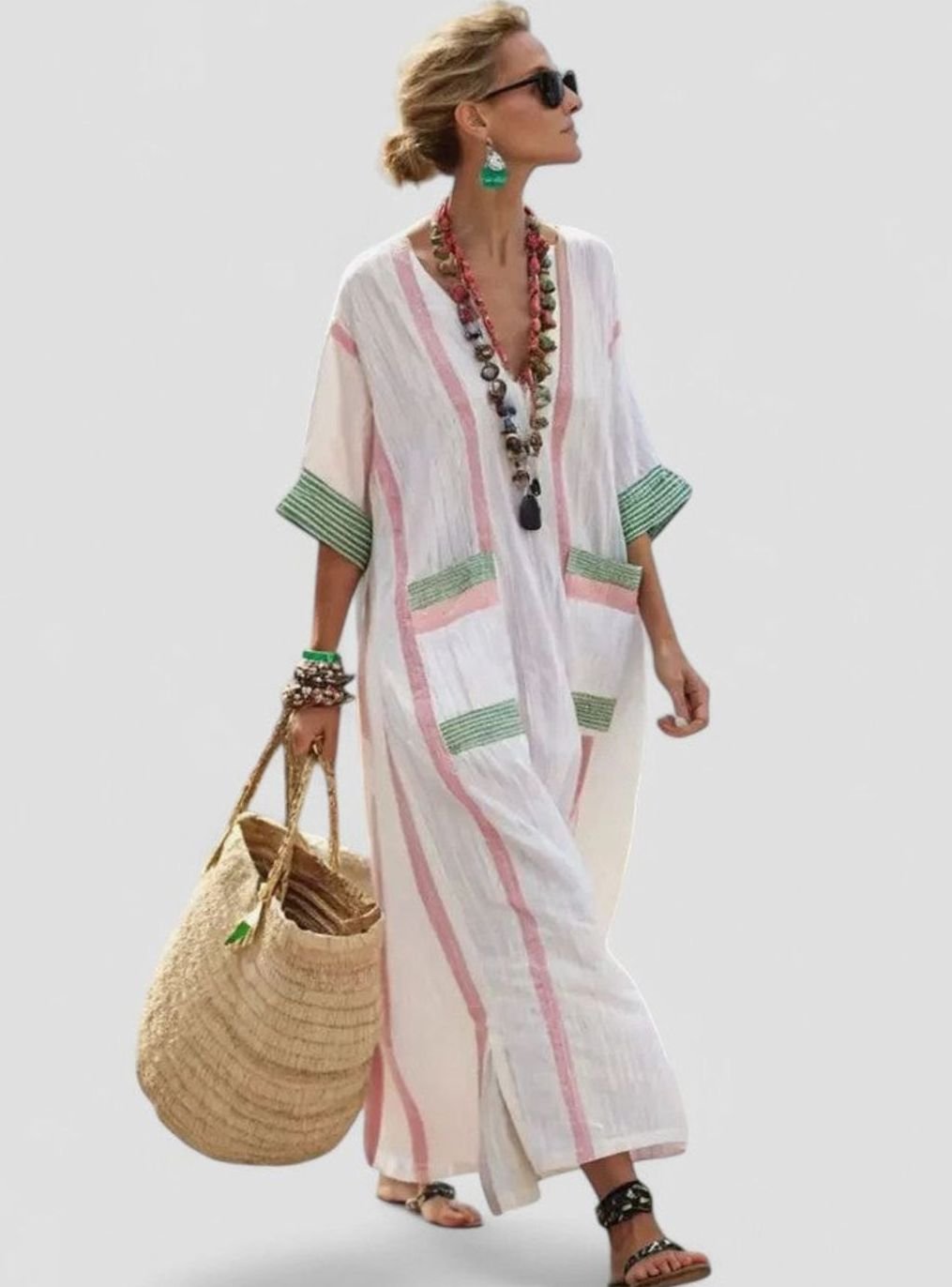 Women's Relaxed-Fit V-Neck Striped Formal Maxi Dress - Beige Green