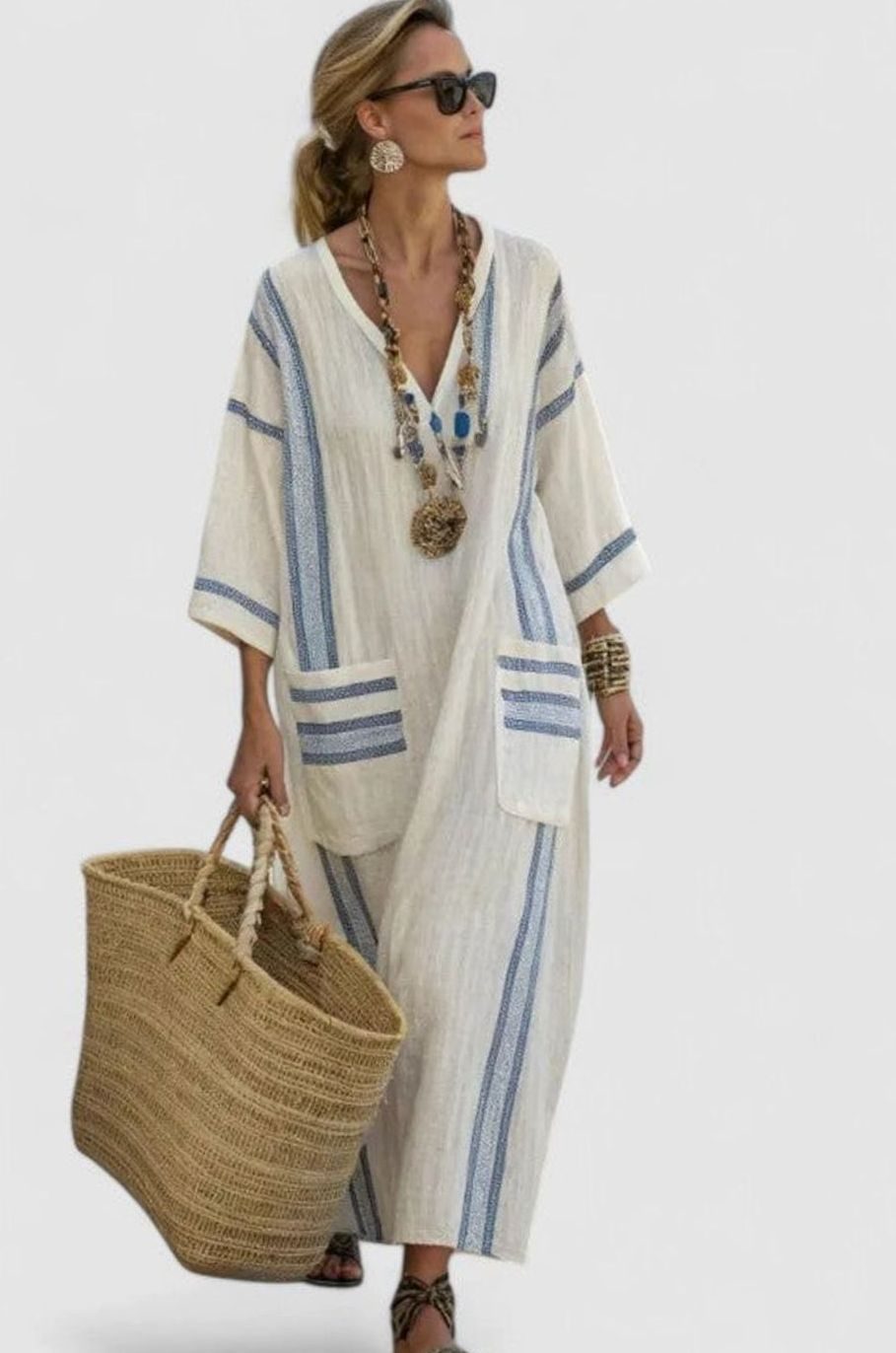 Women's Relaxed-Fit V-Neck Striped Formal Maxi Dress - Beige Light Blue