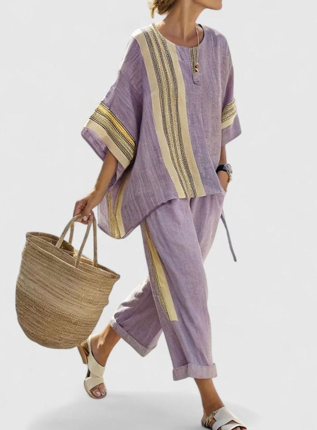 Women's Relaxed Linen-Blend Striped Two-Piece Set Top Pants - Purple