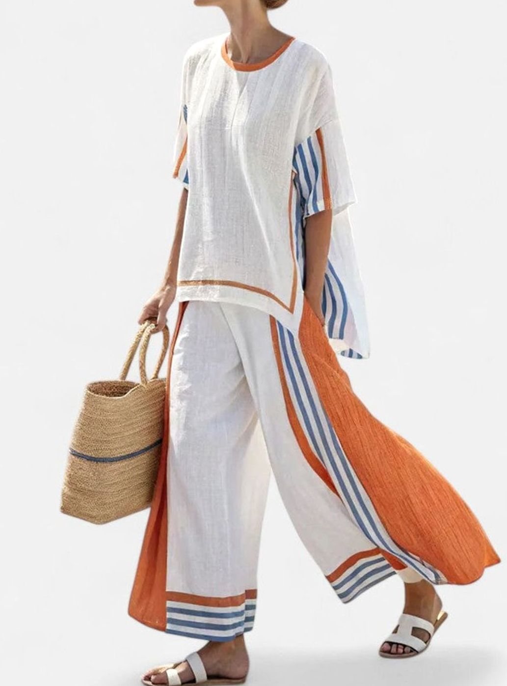 Women's Relaxed Linen-Blend Striped Two-Piece Set Top Pants - Orange Stripe