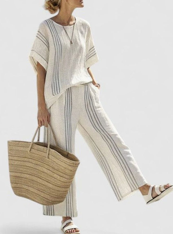 Women's Relaxed Linen-Blend Striped Two-Piece Set Top Pants - Blue Stripe