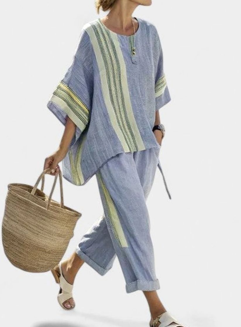 Women's Relaxed Linen-Blend Striped Two-Piece Set Top Pants - Blue