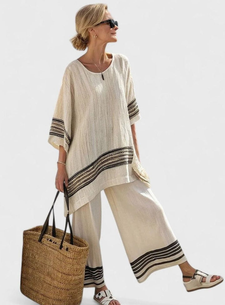 Women's Relaxed Linen-Blend Striped Two-Piece Set Top Pants - Black Stripe