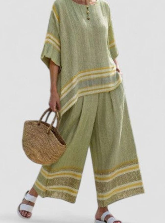 Women's Relaxed Linen-Blend Striped Two-Piece Set Top Pants - Green