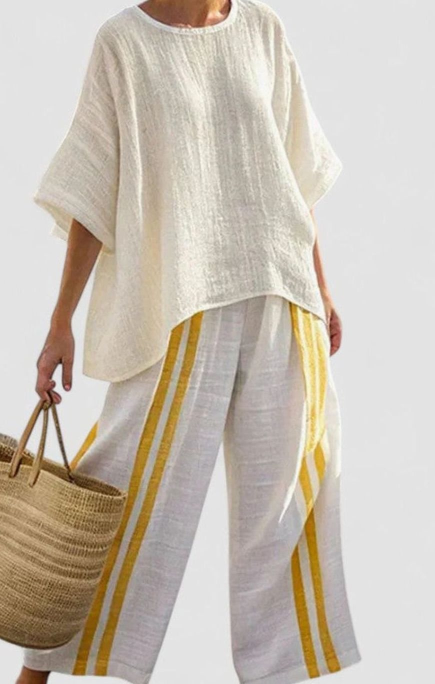 Women's Relaxed Linen-Blend Striped Two-Piece Set Top Pants - Yellow Stripe