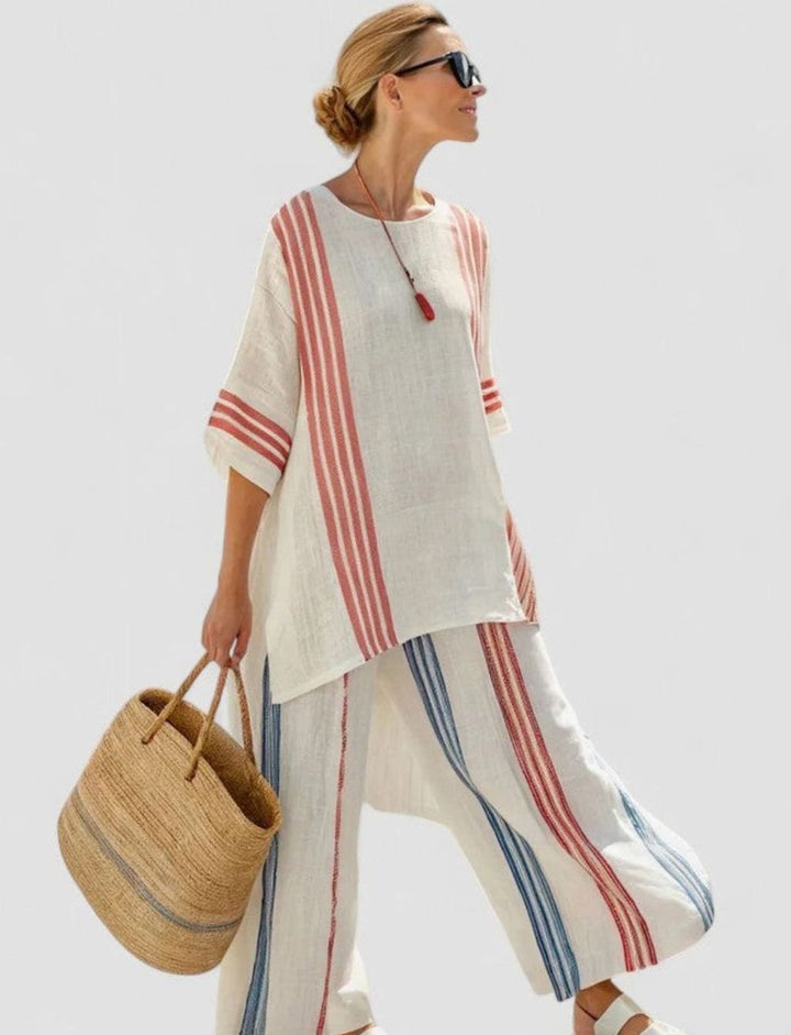 Women's Relaxed Linen-Blend Striped Two-Piece Set Top Pants - Red Stripe