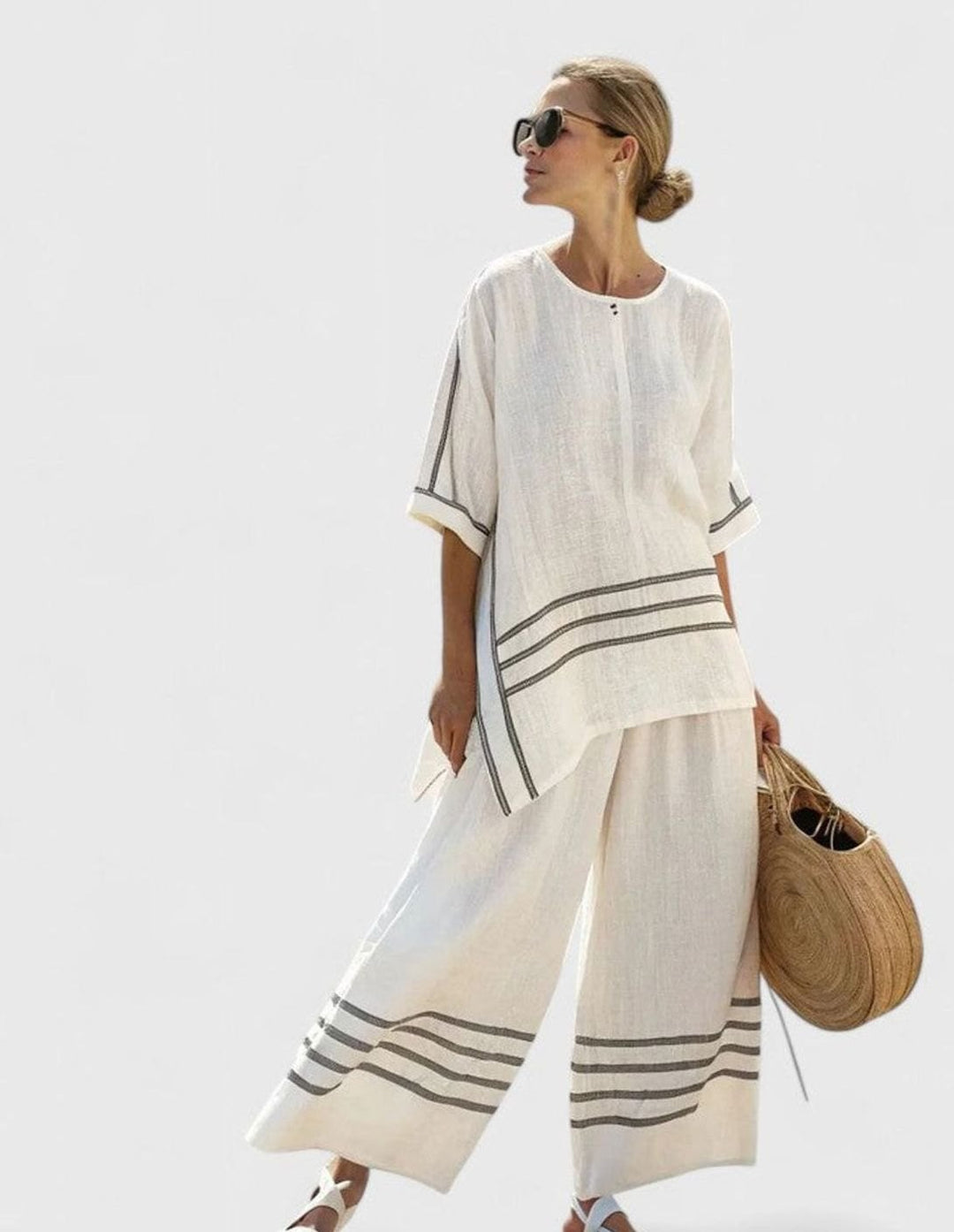 Women's Relaxed Linen-Blend Striped Two-Piece Set Top Pants - White