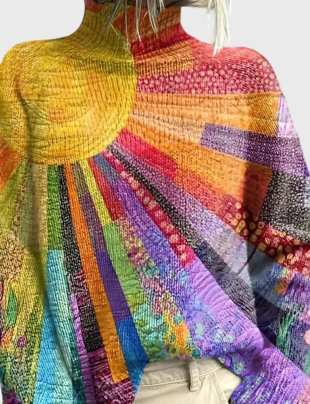 Women's Relaxed Turtleneck Comfortable Sweater Rainbow Patchwork Knit - Multicolored