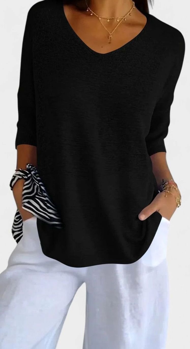 Women's Relaxed V-Neck Comfortable Top Wrinkle-Resistant Knit Tunic - Black