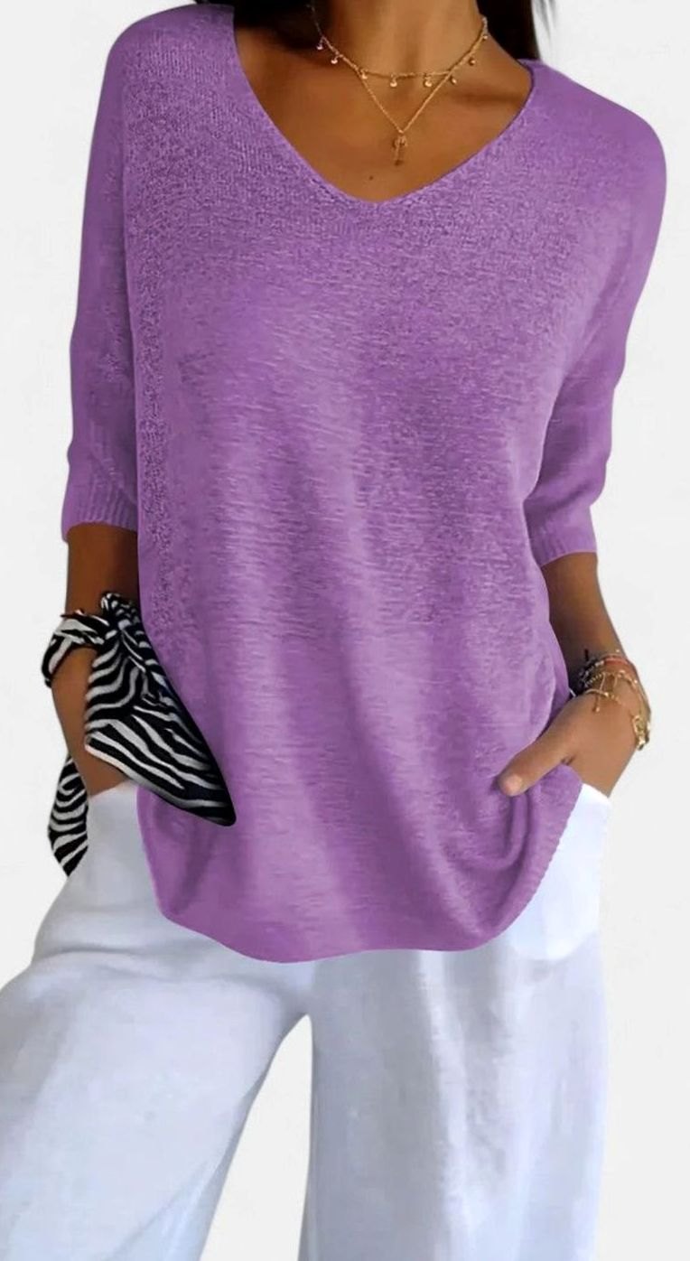 Women's Relaxed V-Neck Comfortable Top Wrinkle-Resistant Knit Tunic - Purple