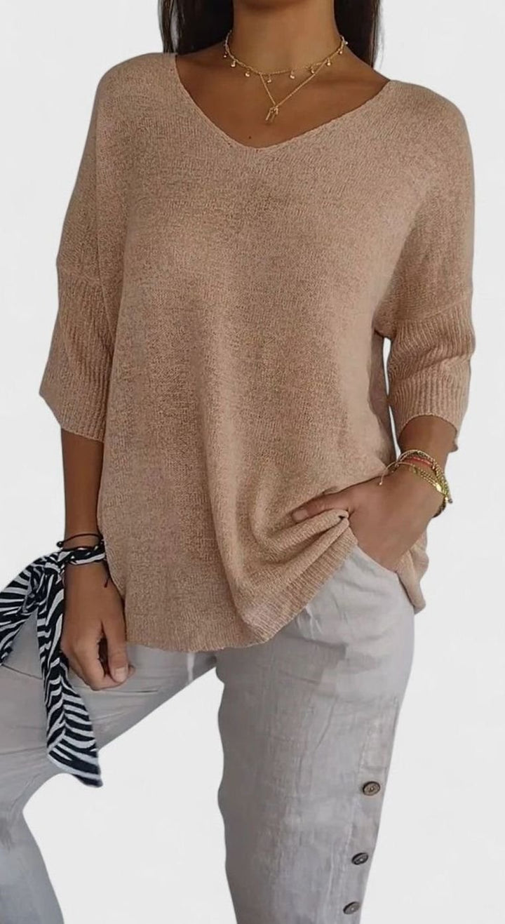 Women's Relaxed V-Neck Comfortable Top Wrinkle-Resistant Knit Tunic - Apricot