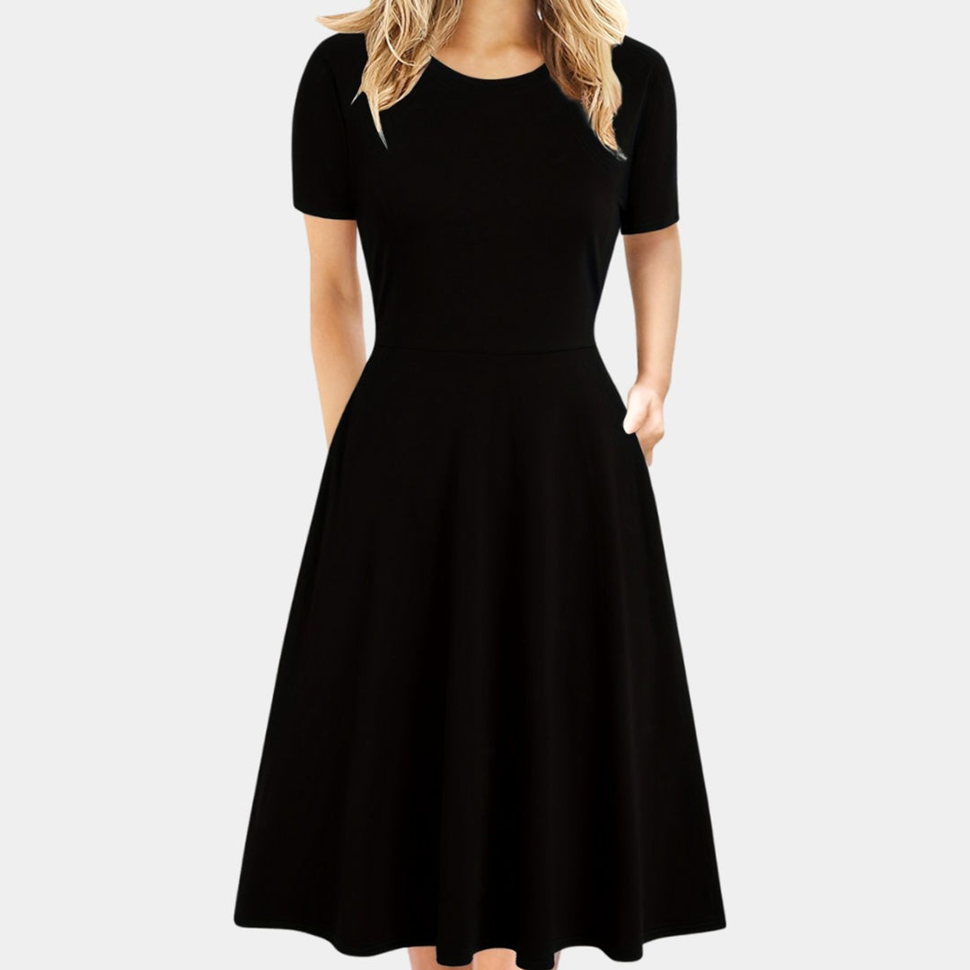 Women's Retro A-Line Short-Sleeve Round-Neck Summer Dress Pockets