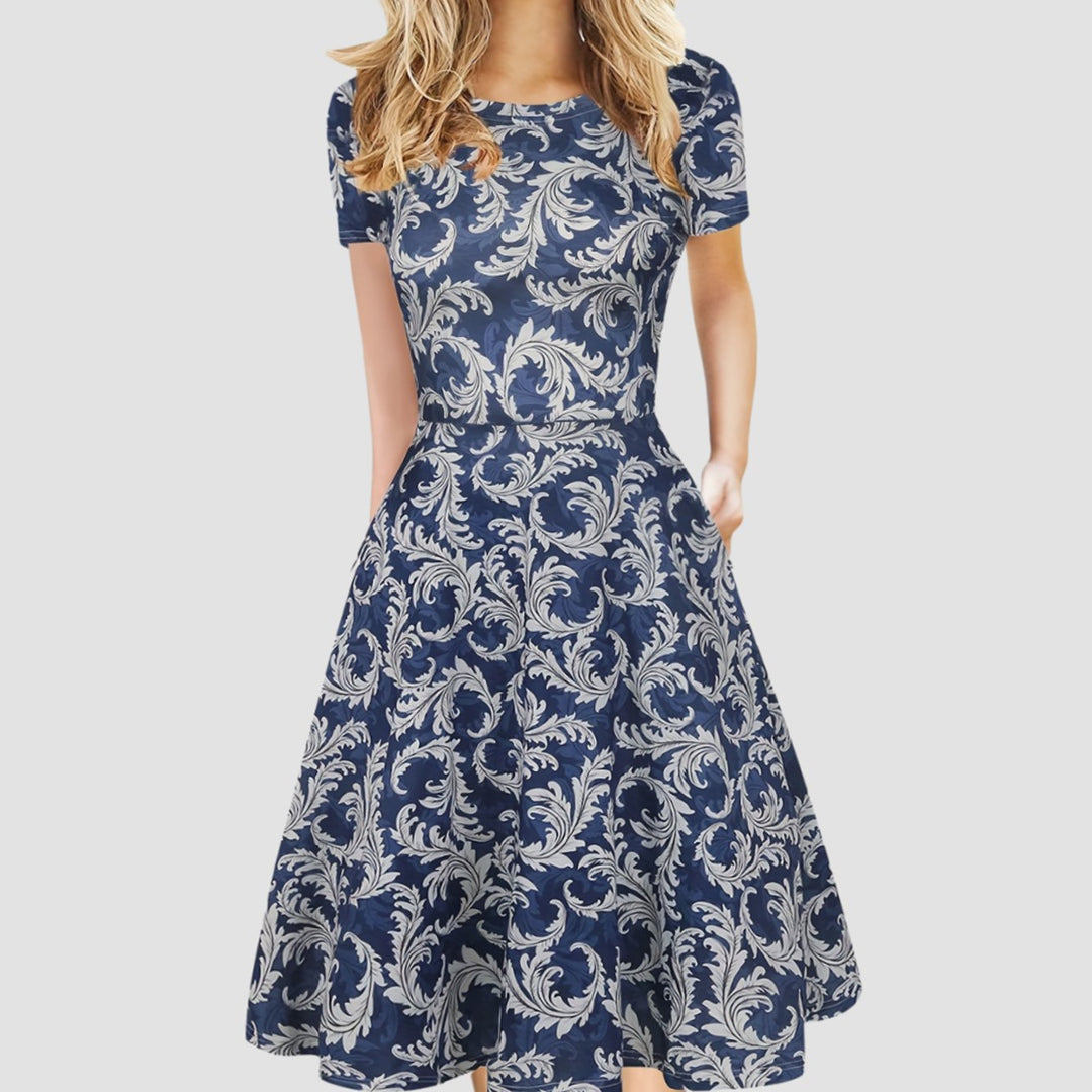Women's Retro A-Line Short-Sleeve Round-Neck Summer Dress Pockets