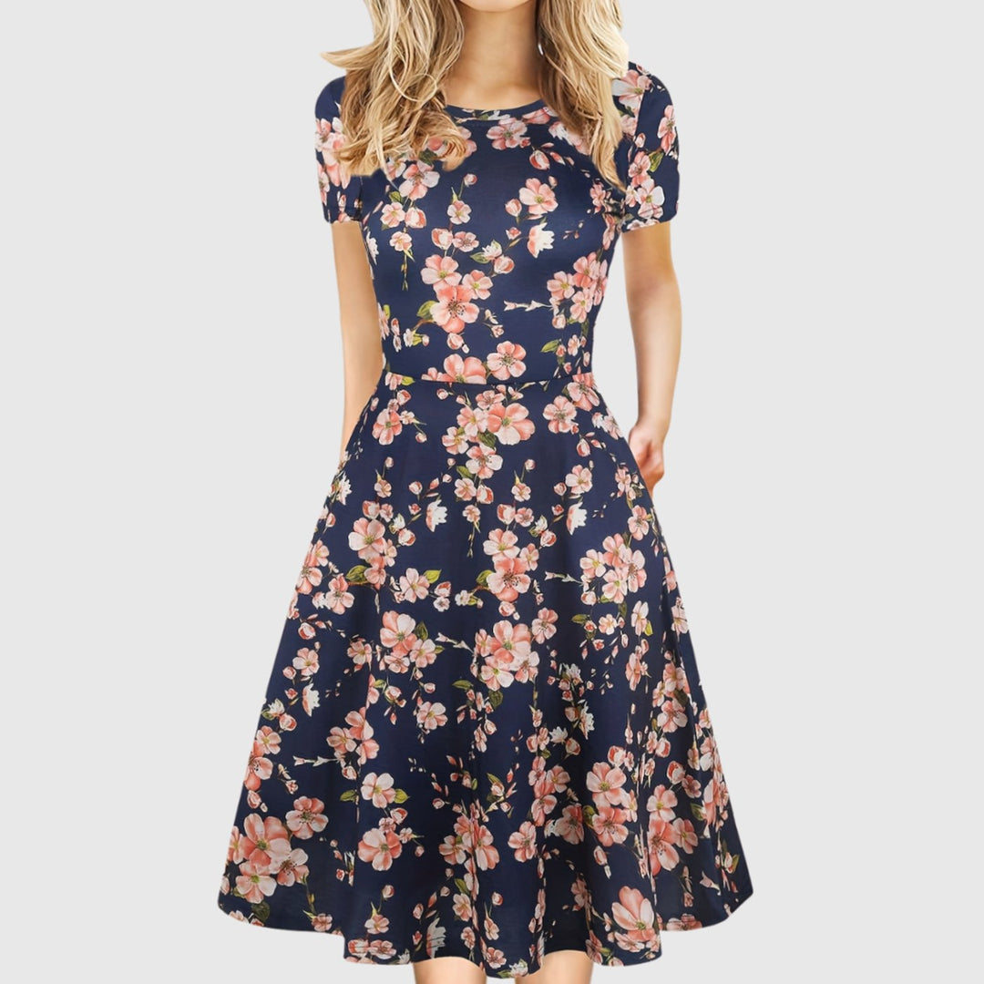 Women's Retro A-Line Short-Sleeve Round-Neck Summer Dress Pockets