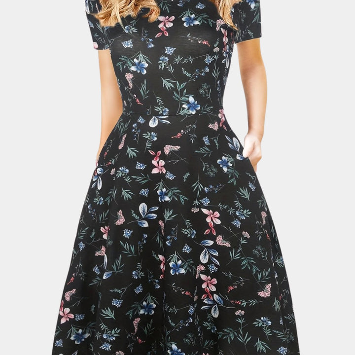 Women's Retro A-Line Short-Sleeve Round-Neck Summer Dress Pockets