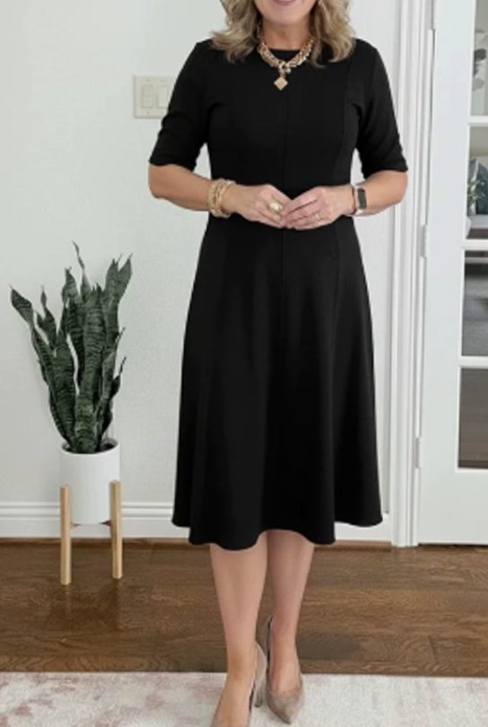 Women's Retro A-Line Short-Sleeve Round-Neck Summer Dress Pockets - Black