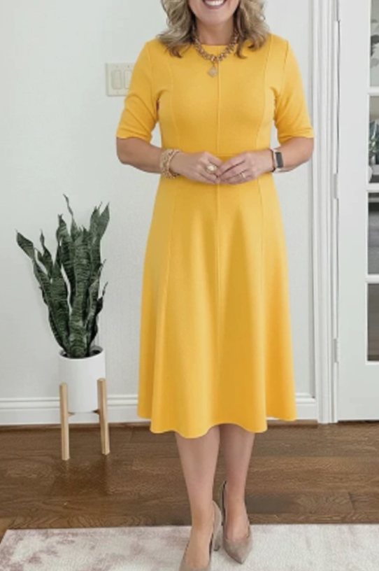 Women's Retro A-Line Short-Sleeve Round-Neck Summer Dress Pockets - Yellow