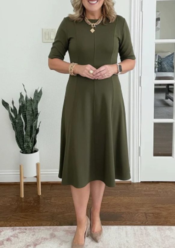 Women's Retro A-Line Short-Sleeve Round-Neck Summer Dress Pockets - Dark Green