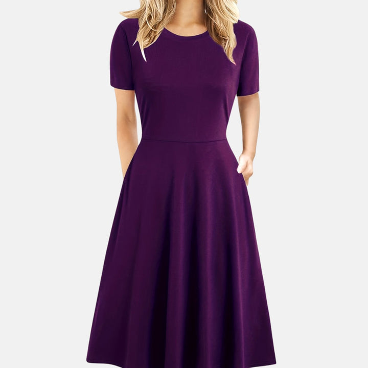Women's Retro A-Line Short-Sleeve Round-Neck Summer Dress Pockets