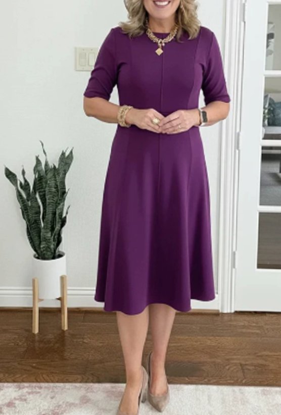Women's Retro A-Line Short-Sleeve Round-Neck Summer Dress Pockets - Purple