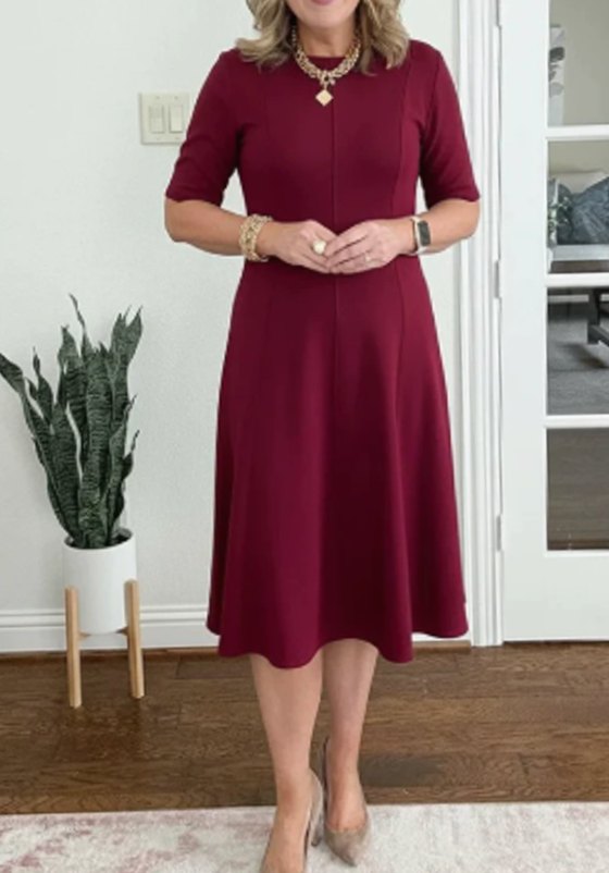 Women's Retro A-Line Short-Sleeve Round-Neck Summer Dress Pockets - Crimson Red