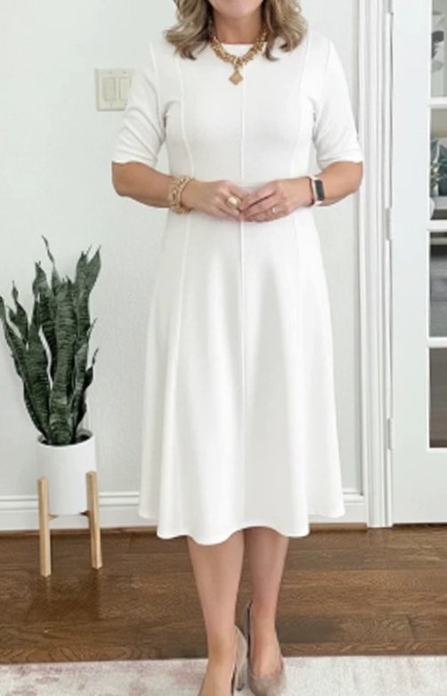 Women's Retro A-Line Short-Sleeve Round-Neck Summer Dress Pockets - White