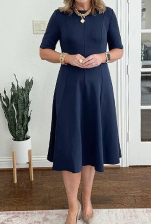 Women's Retro A-Line Short-Sleeve Round-Neck Summer Dress Pockets - Royal Blue