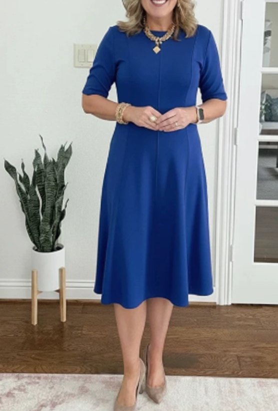 Women's Retro A-Line Short-Sleeve Round-Neck Summer Dress Pockets - Blue