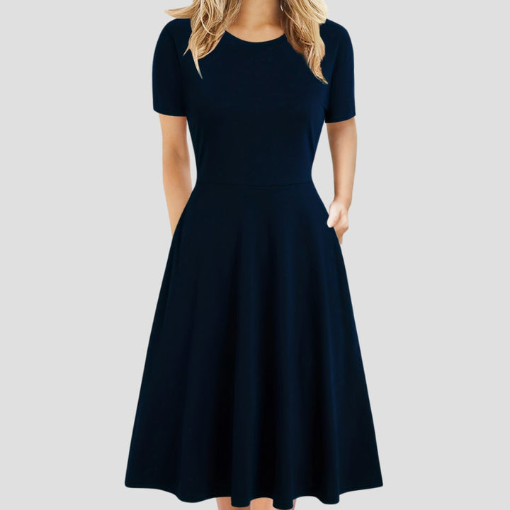 Women's Retro A-Line Short-Sleeve Round-Neck Summer Dress Pockets