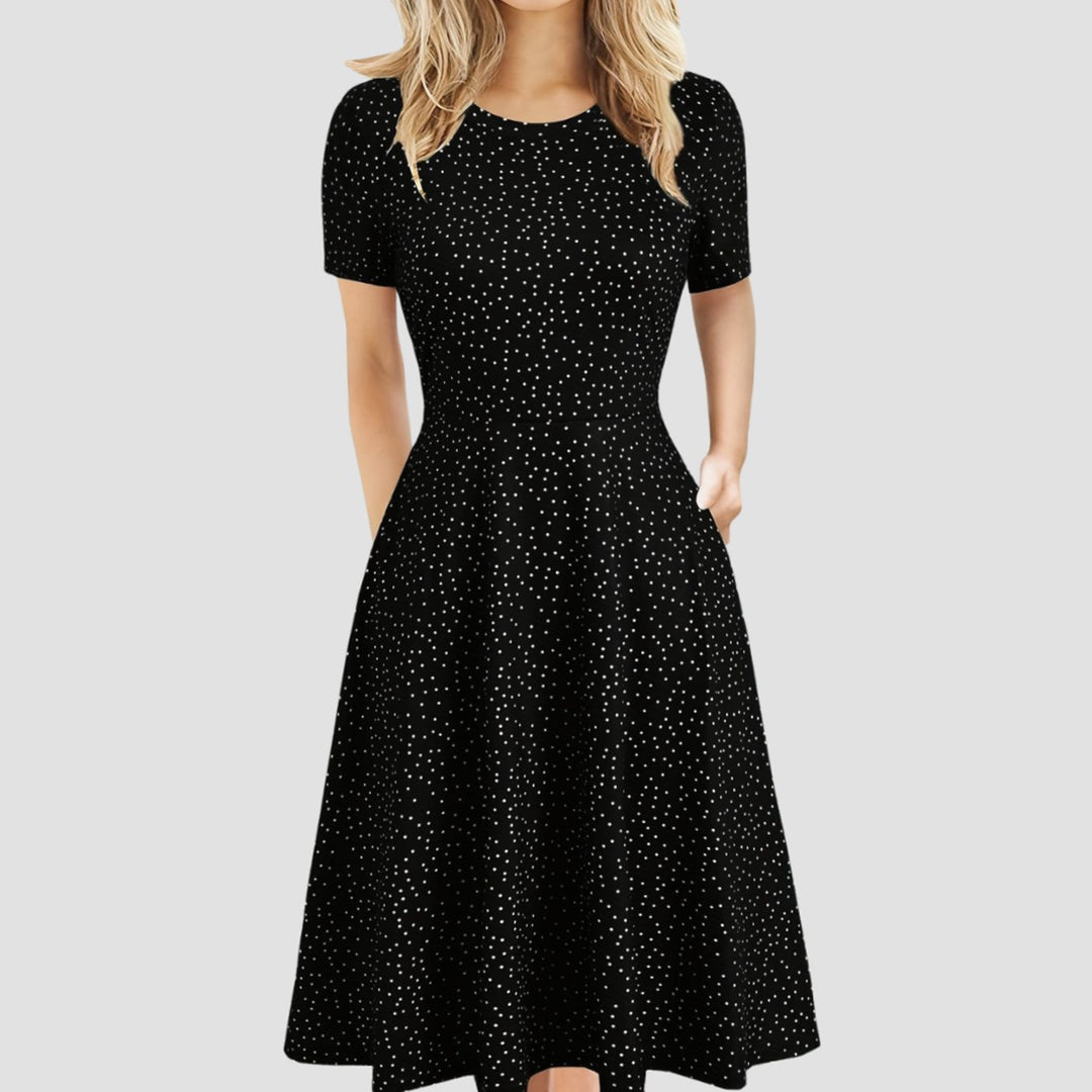 Women's Retro A-Line Short-Sleeve Round-Neck Summer Dress Pockets