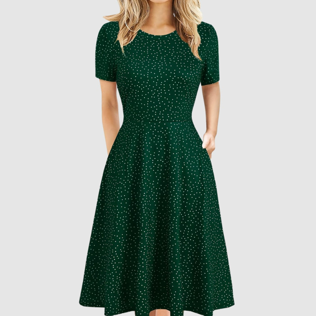 Women's Retro A-Line Short-Sleeve Round-Neck Summer Dress Pockets - Green Dot