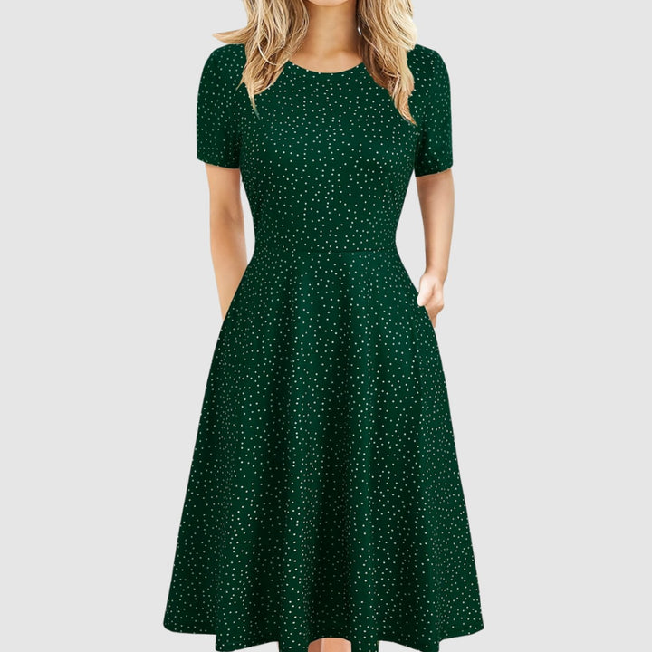 Women's Retro A-Line Short-Sleeve Round-Neck Summer Dress Pockets - Green Dot