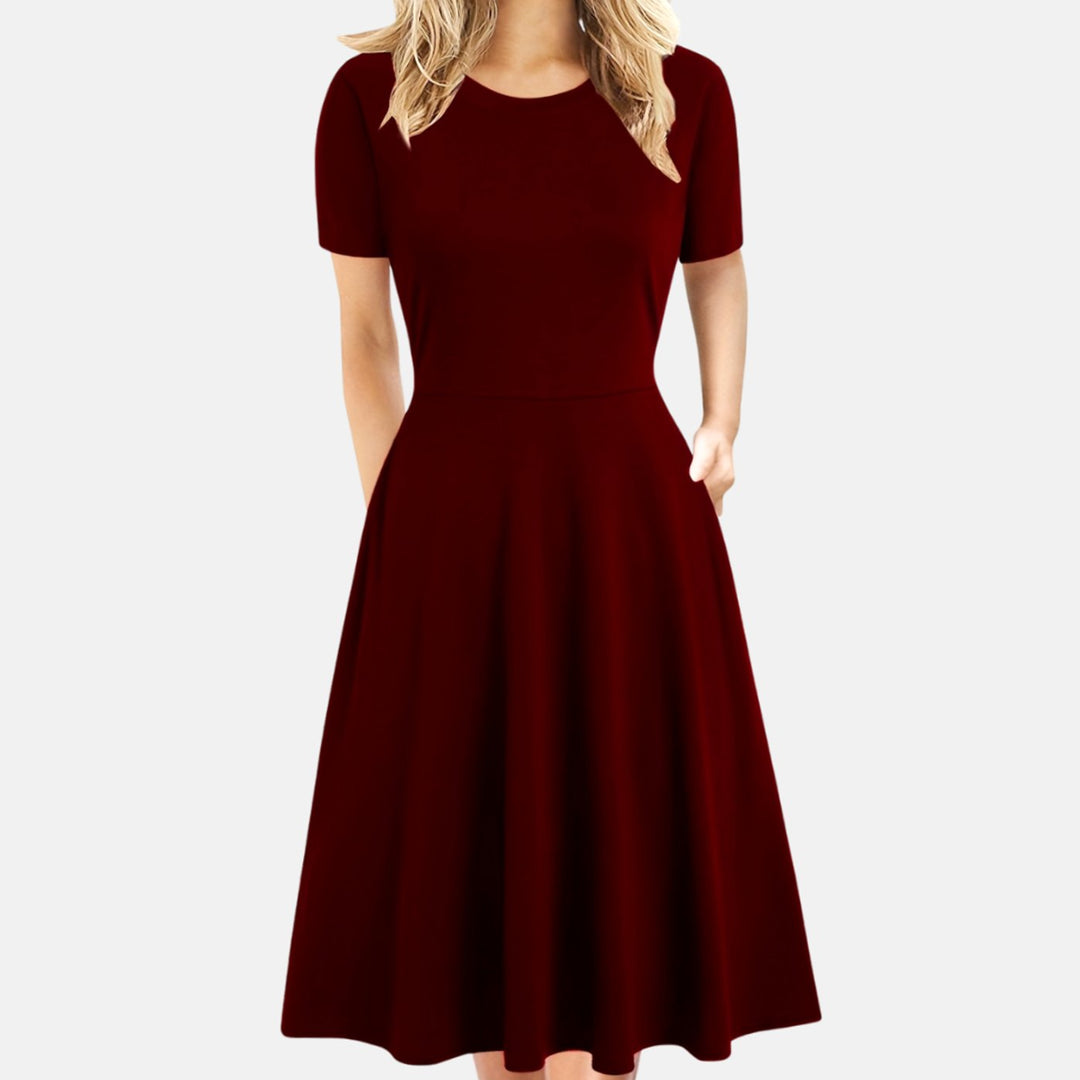 Women's Retro A-Line Short-Sleeve Round-Neck Summer Dress Pockets