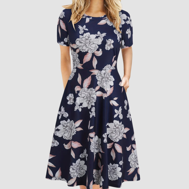 Women's Retro A-Line Short-Sleeve Round-Neck Summer Dress Pockets
