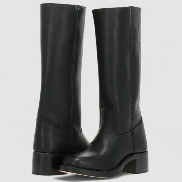 Women's Retro-Inspired Knee-High Leather-Look Western Boots - Black
