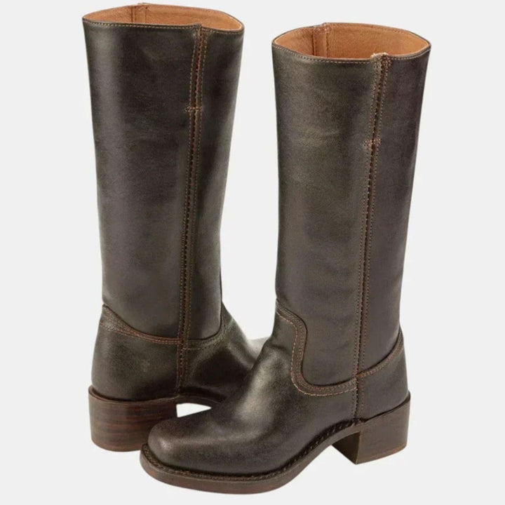 Women's Retro-Inspired Knee-High Leather-Look Western Boots - Dark Brown