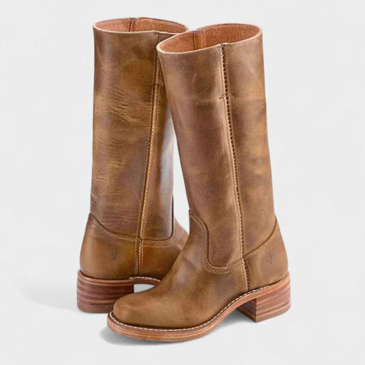 Women's Retro-Inspired Knee-High Leather-Look Western Boots - Light Brown