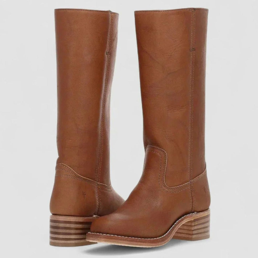 Women's Retro-Inspired Knee-High Leather-Look Western Boots - Brown