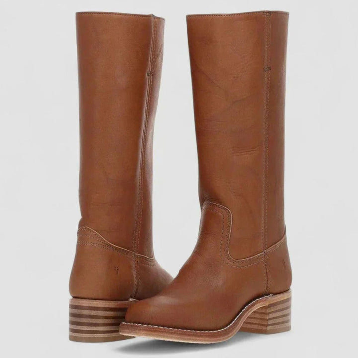 Women's Retro-Inspired Knee-High Leather-Look Western Boots - Brown