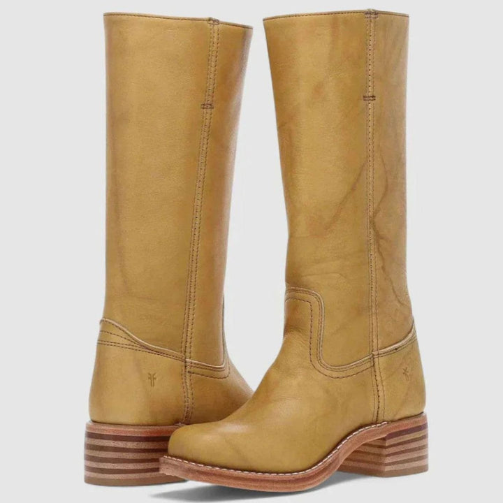 Women's Retro-Inspired Knee-High Leather-Look Western Boots - Yellow