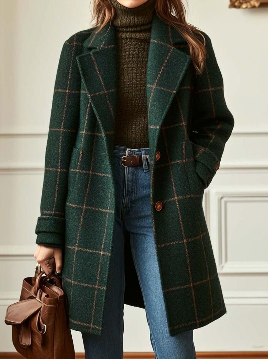 Women's Retro Lapel Plaid Tweed Coat Tailored Silhouette - Dark Green