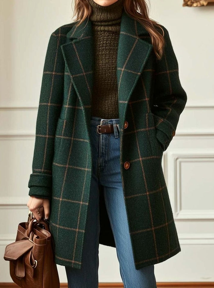 Women's Retro Lapel Plaid Tweed Coat Tailored Silhouette - Dark Green
