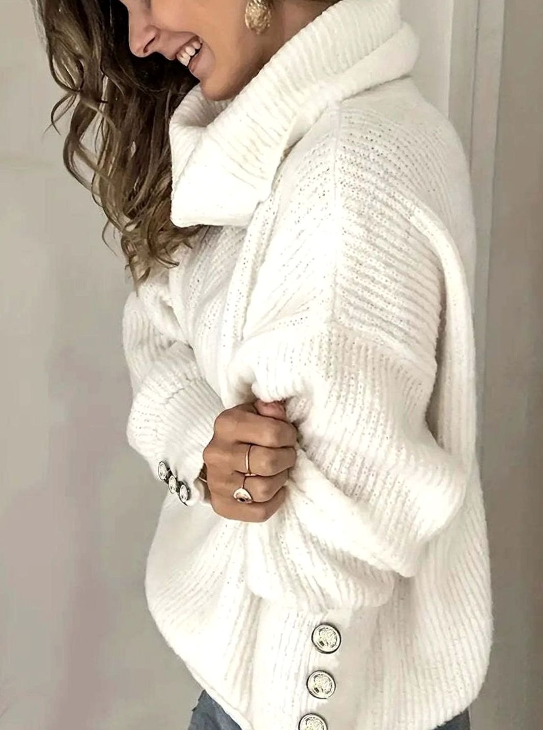 Women's Ribbed Cowl Neck Sweater Button-Cuff Pullover