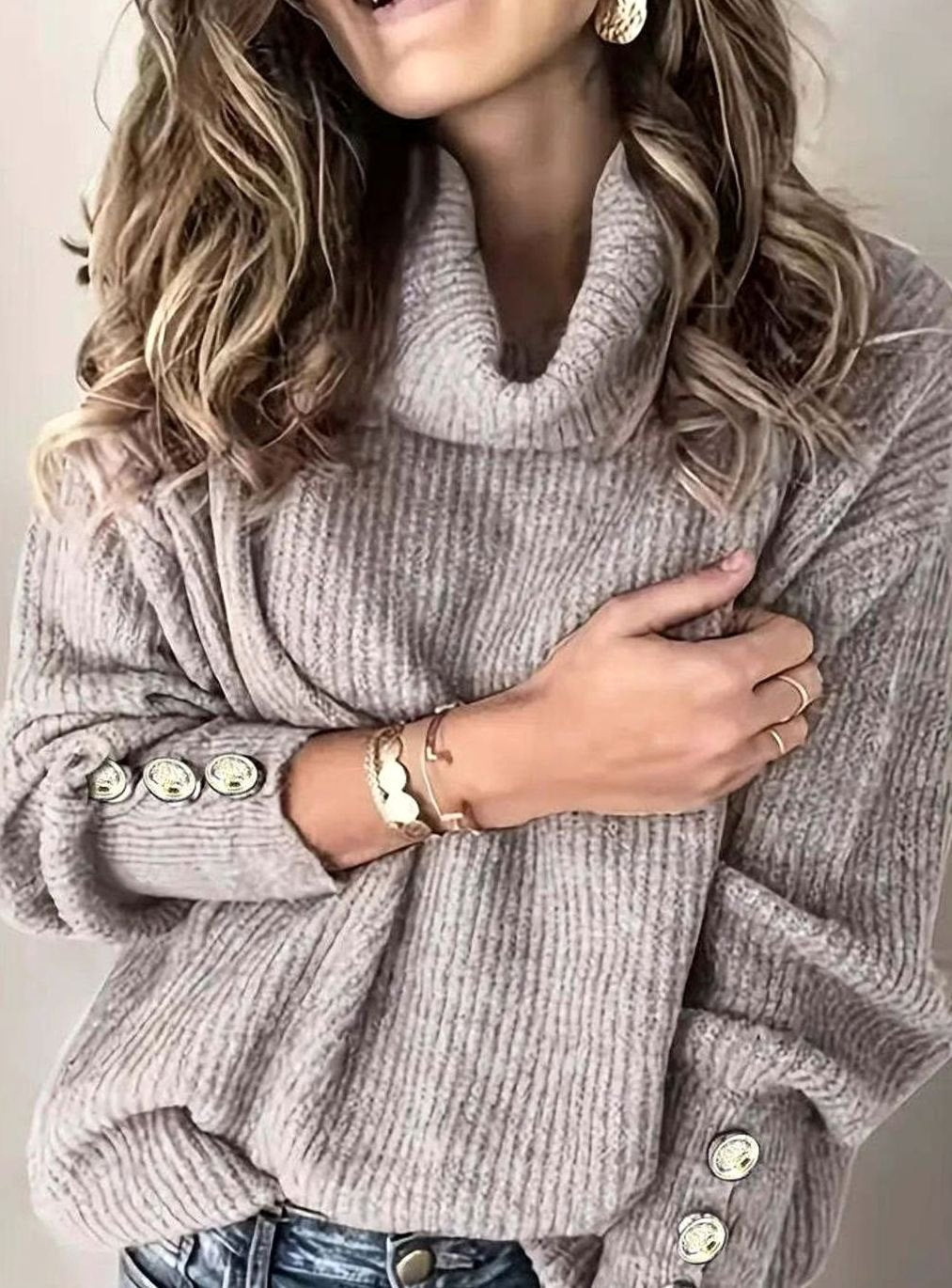 Women's Ribbed Cowl Neck Sweater Button-Cuff Pullover - Grey