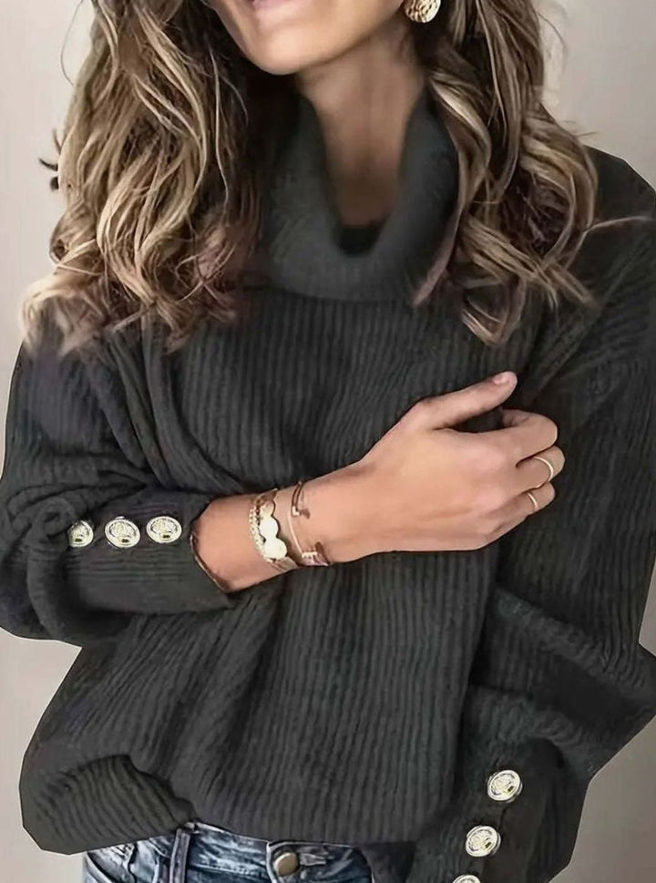 Women's Ribbed Cowl Neck Sweater Button-Cuff Pullover - Black