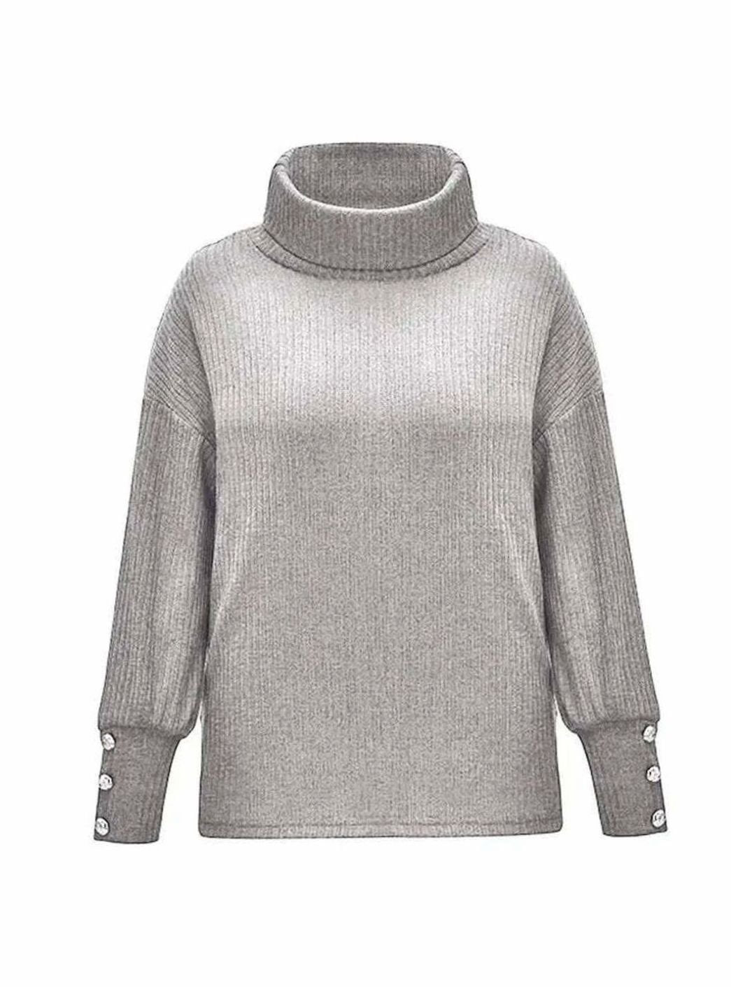 Women's Ribbed Cowl Neck Sweater Button-Cuff Pullover