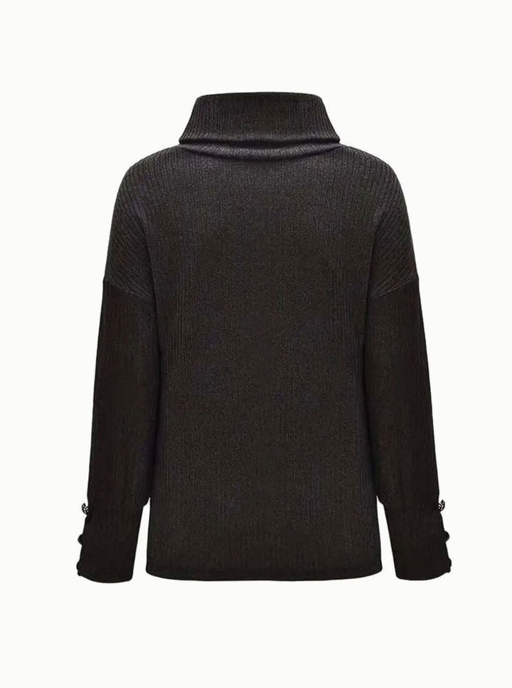 Women's Ribbed Cowl Neck Sweater Button-Cuff Pullover