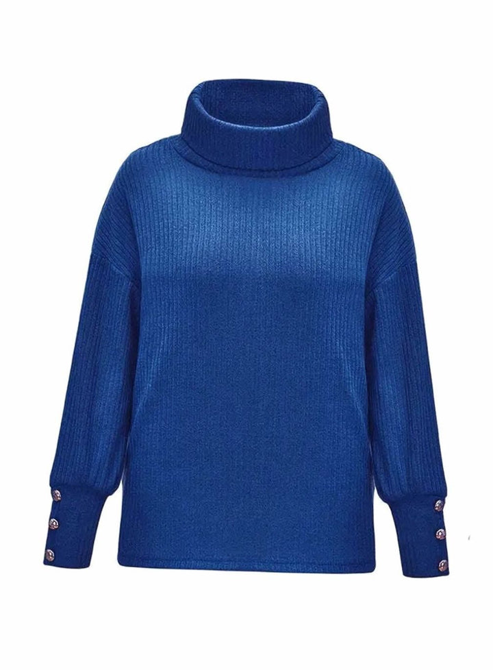 Women's Ribbed Cowl Neck Sweater Button-Cuff Pullover - Blue
