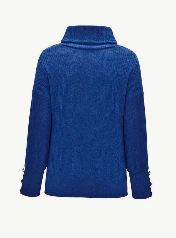 Women's Ribbed Cowl Neck Sweater Button-Cuff Pullover